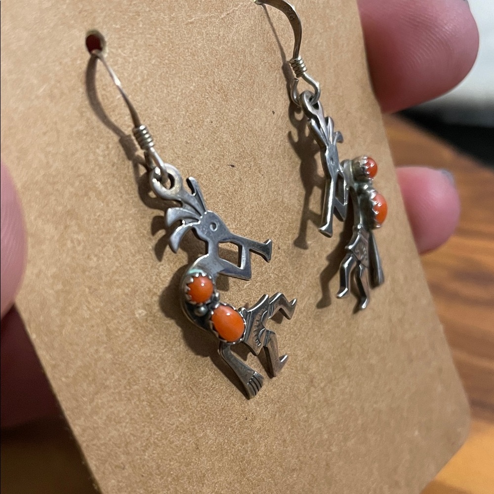 Sterling Silver and Coral Kokopelli Earrings - Picture 3 of 7
